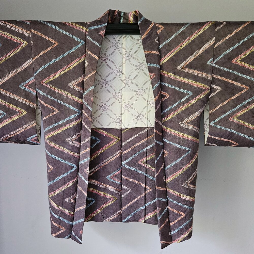 Silk Shibori Kimono Jacket - Smoky Purple Haori, Size 10-12